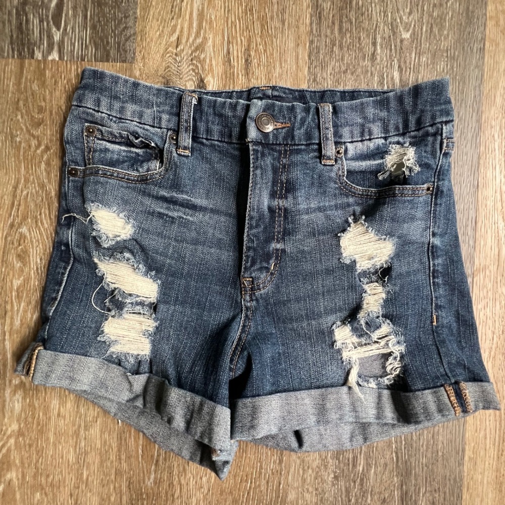Aeropostale Denim Shorts Womens 8 Blue High Rise Curvy Midi Distressed Cuffed